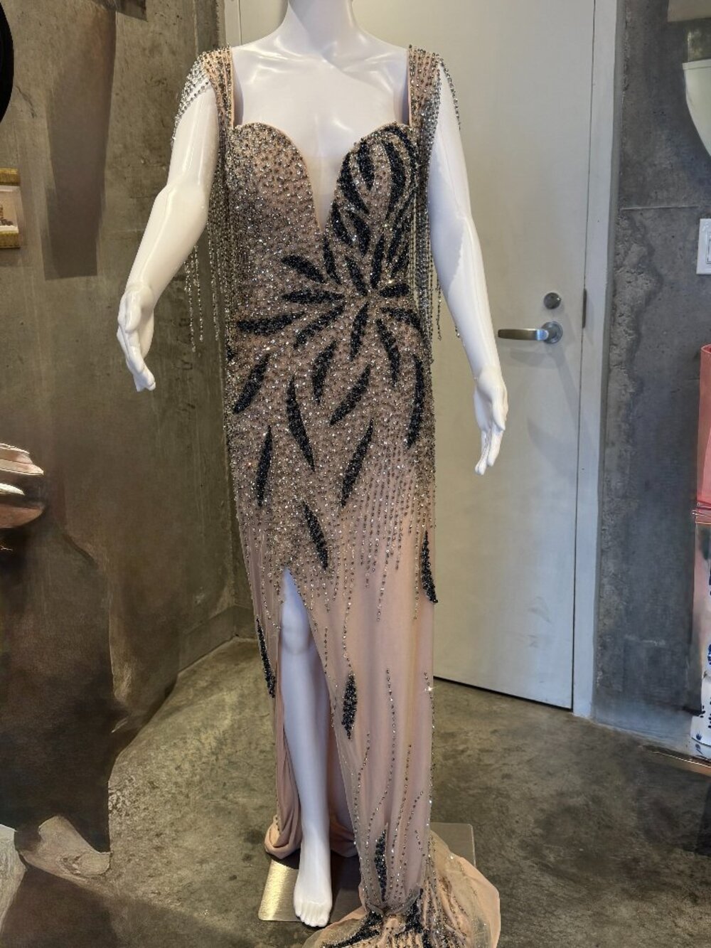 Jovani Signature 37073 Nude/Gunmetal Beaded Mermaid Pageant Gown Sz 10
